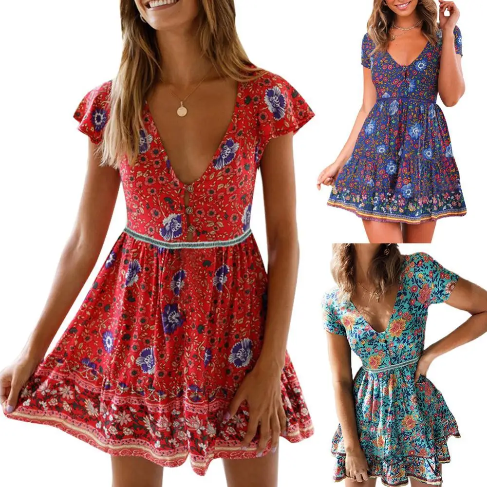Hot Sales!! Summer Beach Boho Floral Print Buttons Deep V Short Sleeve Women Mini Dress
Hot Sales!! Summer Beach Boho Floral Print Buttons Deep V Short Sleeve Women Mini Dress