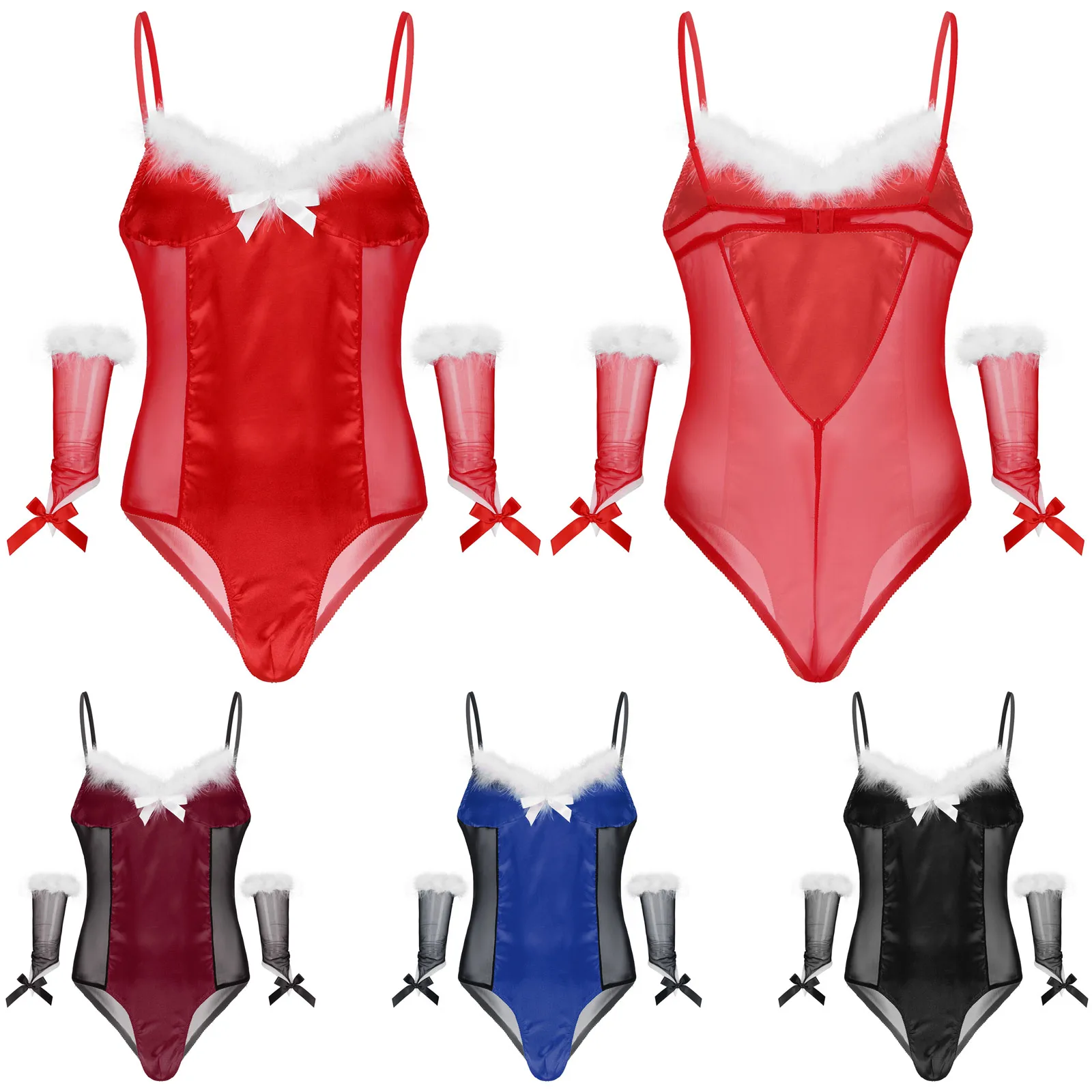 Men Bodysuit Sexy Lingerie See-through Mesh Satin Leotard Christmas Cosplay Costumes Feather Trimming Jumpsuits with Oversleeve
Men Bodysuit Sexy Lingerie See-through Mesh Satin Leotard Christmas Cosplay Costumes Feather Trimming Jumpsuits with Oversleeve