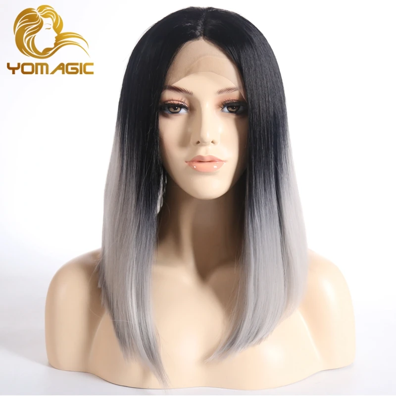 Фото Женский короткий парик Yomagic Ombre серый с синтическим кружевом без клея натуральный
