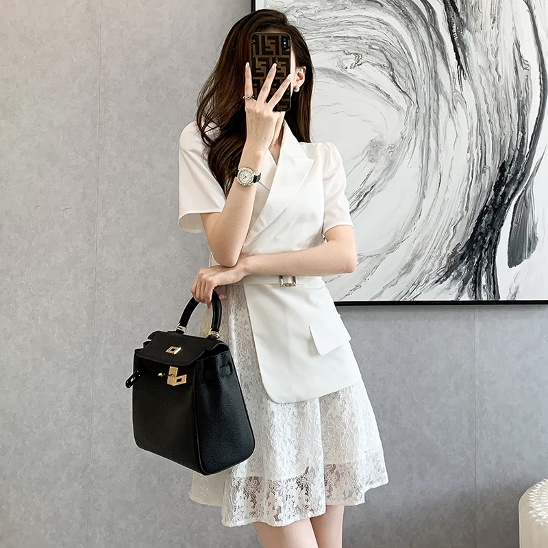 Woman Elegant White Suit Dress Women's Summer Lace Stitching Short Sleeve Dress Office Lady Slim Waist A Line Dress
Woman Elegant White Suit Dress Women's Summer Lace Stitching Short Sleeve Dress Office Lady Slim Waist A Line Dress