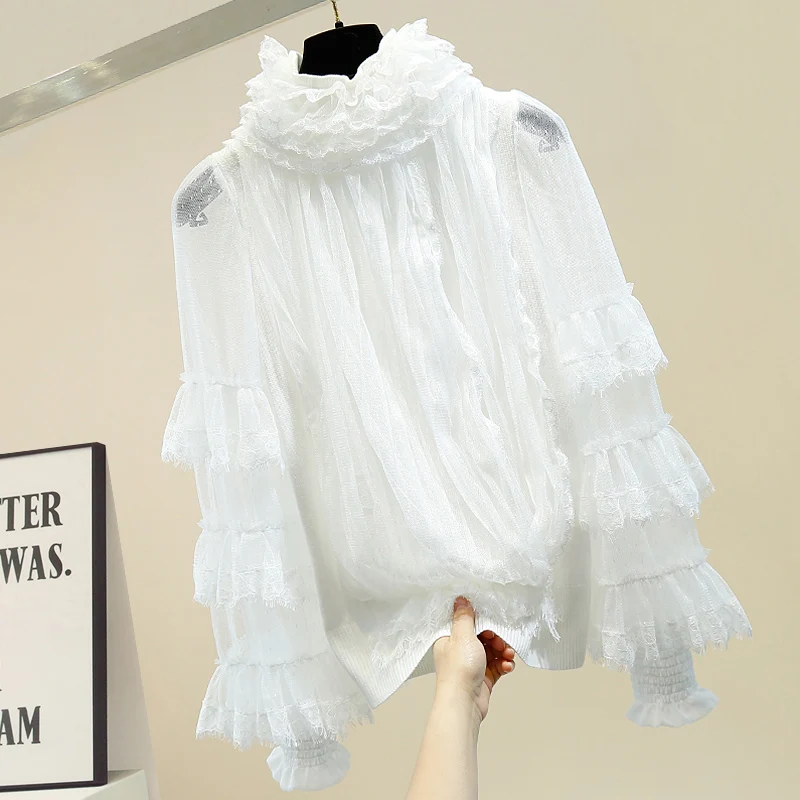 Женская трикотажная блузка с кружевным воротником, многослойный лист с колоколом, белая рубашка с рукавами, модные блузки
Женская трикотажная блузка с кружевным воротником, многослойный лист с колоколом, белая рубашка с рукавами, модные блузки