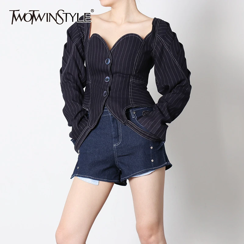 TWOTWINSTYLE Elegant Denim Striped Women Coats Square Collar Puff Long Sleeve Lace Up Irregulae Hem Slim Jackets Female Fashion
TWOTWINSTYLE Elegant Denim Striped Women Coats Square Collar Puff Long Sleeve Lace Up Irregulae Hem Slim Jackets Female Fashion