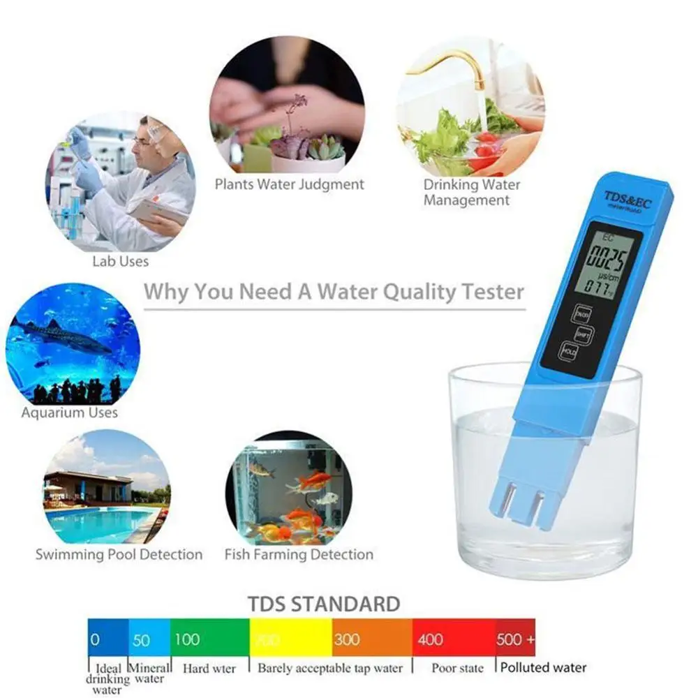EC Meter TDS-3 Temperature Tester pen 3 In1 Function Tool TDS&EC Measurement Quality Water Tester Conductivity 0-9990ppm V8W2 
EC Meter TDS-3 Temperature Tester pen 3 In1 Function Tool TDS&EC Measurement Quality Water Tester Conductivity 0-9990ppm V8W2