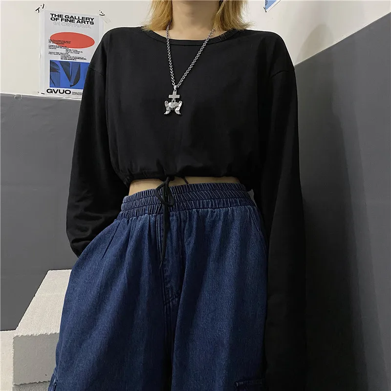 O-neck Causal Long Sleeve Crop Top Solid Loose T-shirts Ins Hipster Spring Autumn New Women's Clothing Fashion Tees Drawstring
O-neck Causal Long Sleeve Crop Top Solid Loose T-shirts Ins Hipster Spring Autumn New Women's Clothing Fashion Tees Drawstring