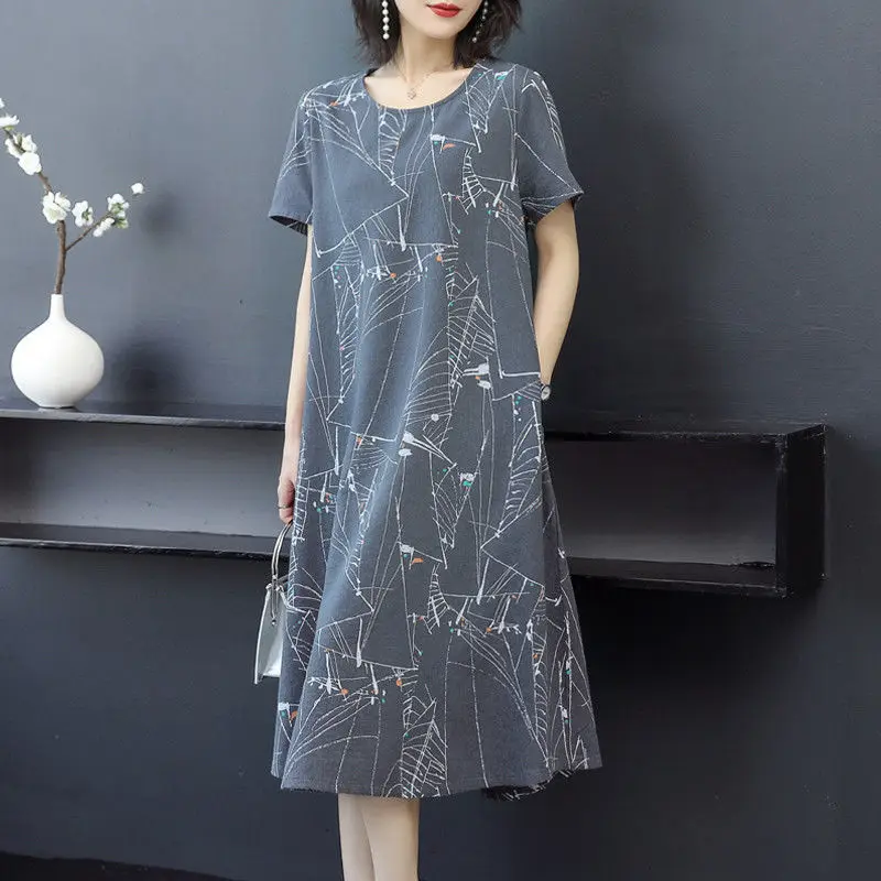 Cotton and linen dress female summer new 2021 round neck short sleeve A-word skirt fat sister big print dress floral skirt
Cotton and linen dress female summer new 2021 round neck short sleeve A-word skirt fat sister big print dress floral skirt
