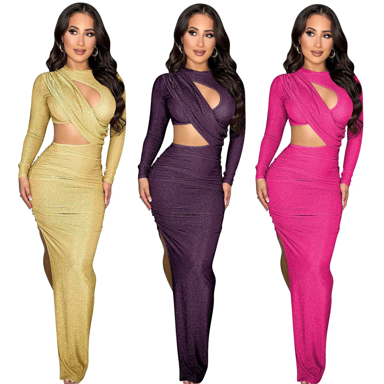 Elegant Glitter Ruched Long Dress Women Sexy Cut Out Long Sleeve High Slit Bodycon Evening Club Party Dress Robe Femme Christmas
Elegant Glitter Ruched Long Dress Women Sexy Cut Out Long Sleeve High Slit Bodycon Evening Club Party Dress Robe Femme Christmas