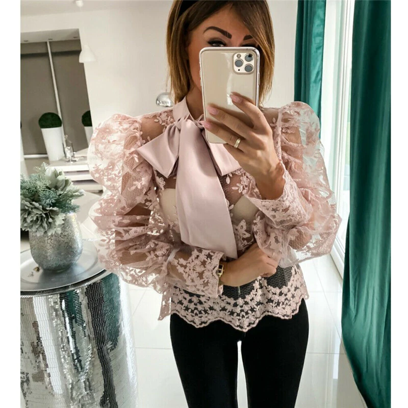 Women Vintage Lace Sheer Embroidery Blouses See-through Long Puff Sleeve Bow Tie Tops Shirts Sexy Female Floral Mesh Blouses
Women Vintage Lace Sheer Embroidery Blouses See-through Long Puff Sleeve Bow Tie Tops Shirts Sexy Female Floral Mesh Blouses