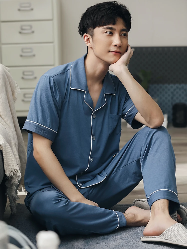 2021 Spring Men Modal Pajamas Set Short Sleeve Soft Man Sleepwear Nightwear Home Clothes Pyjamas Blue Pj Set Pijamas Homme
2021 Spring Men Modal Pajamas Set Short Sleeve Soft Man Sleepwear Nightwear Home Clothes Pyjamas Blue Pj Set Pijamas Homme