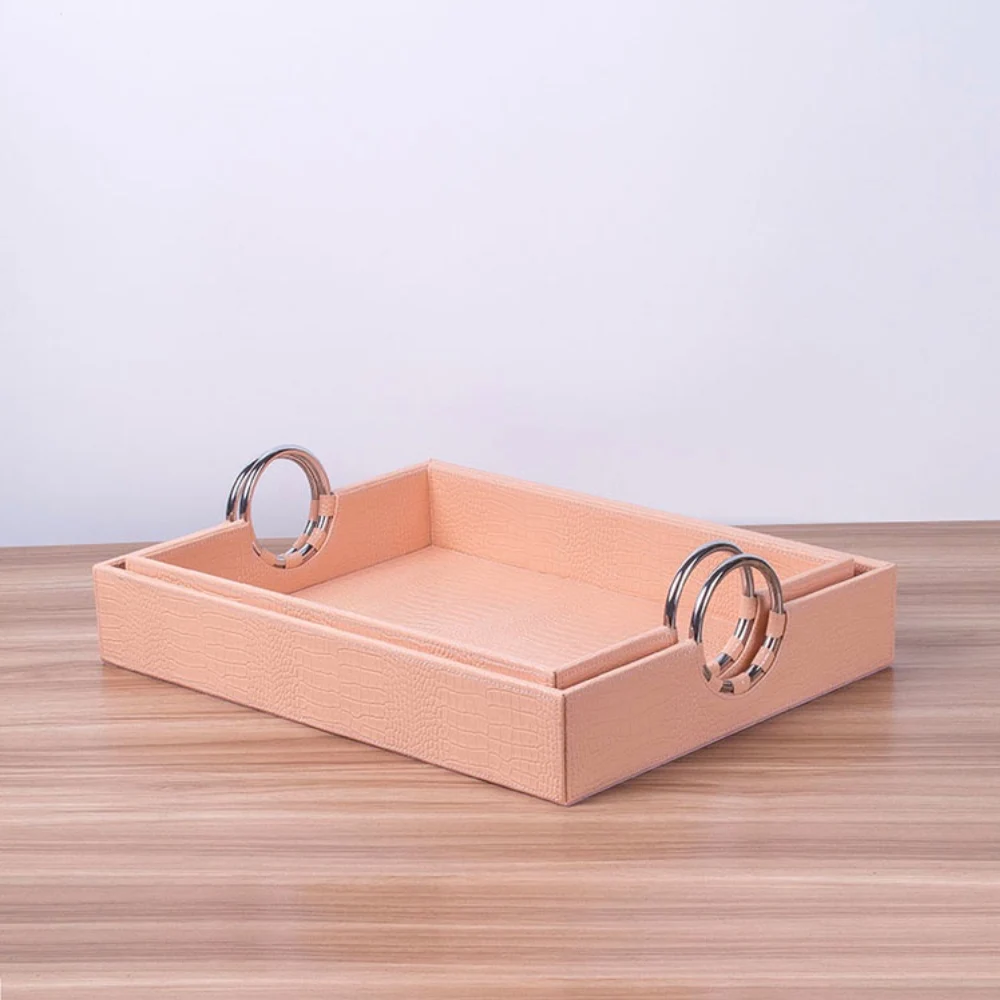 Pink Handmade PU Leather breakfast serving tray pink square Jewelry display tray with metal handles
Pink Handmade PU Leather breakfast serving tray pink square Jewelry display tray with metal handles