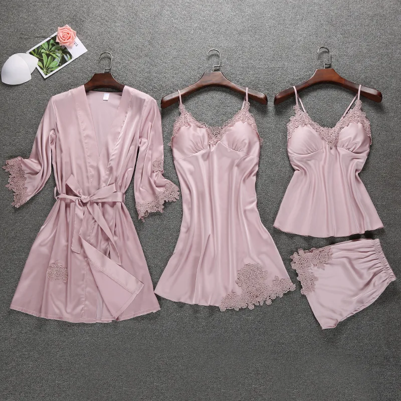 Satin Sleepwear Female with Chest Pads Sexy Women Pajamas Lace Slik Sleep Lounge 4 Pieces Sets Elegant Ladies Indoor Clothing
Satin Sleepwear Female with Chest Pads Sexy Women Pajamas Lace Slik Sleep Lounge 4 Pieces Sets Elegant Ladies Indoor Clothing