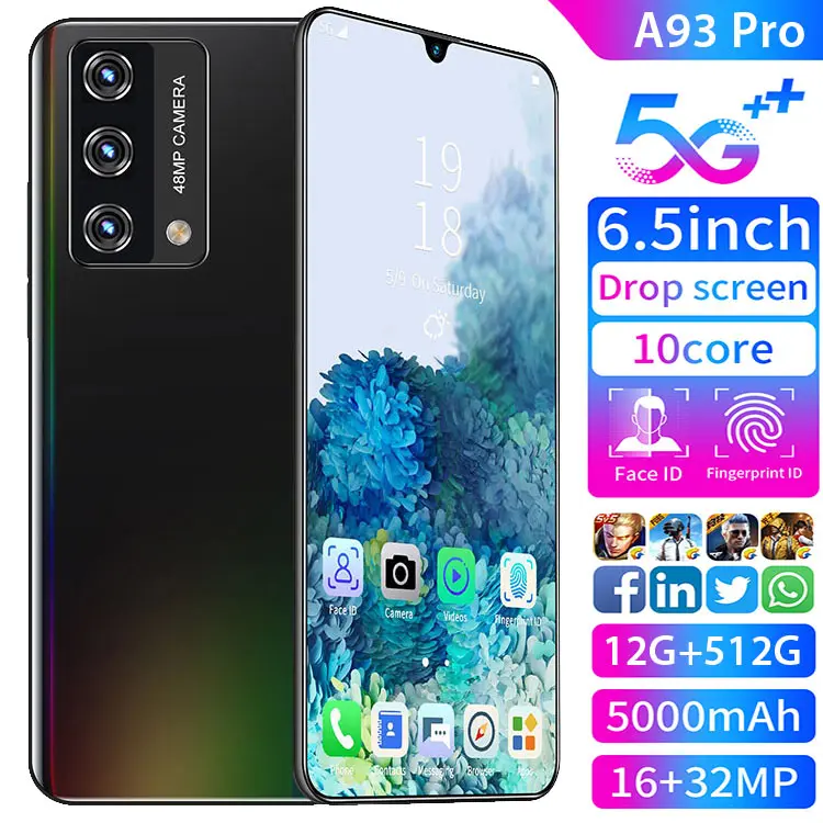 Smartphone 5G A93 Pro 6.5 Inch Screen 10 Core Mobilephone 12+512G 16+32MP 5000mAh Large Battery Cellphone Face Fingerprint ID
Smartphone 5G A93 Pro 6.5 Inch Screen 10 Core Mobilephone 12+512G 16+32MP 5000mAh Large Battery Cellphone Face Fingerprint ID