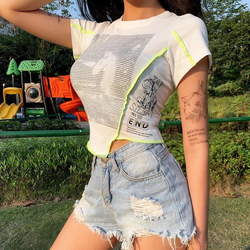 Модная простроченная Асимметричная женская футболка XUXI с надписью Новинка лета