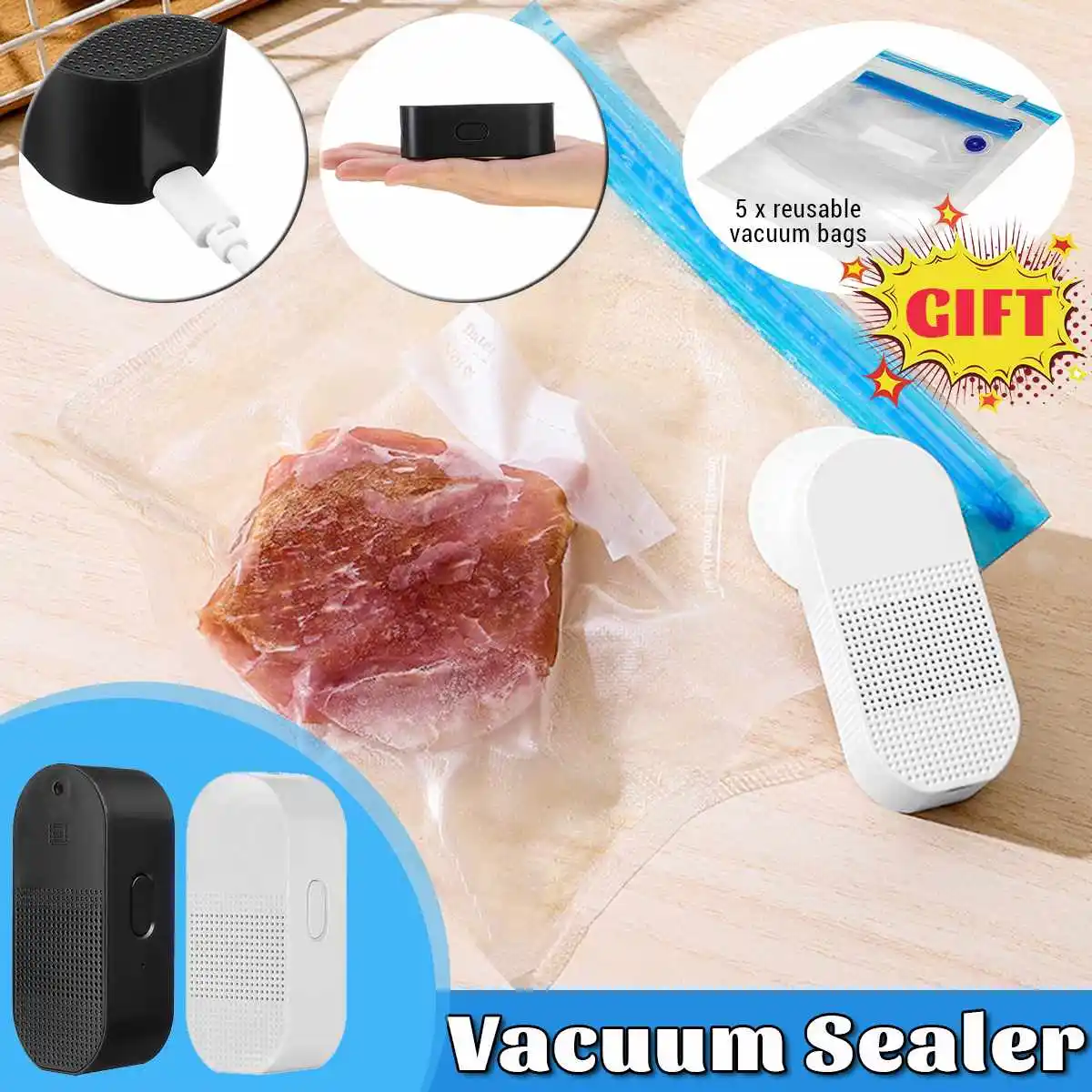 Electric Food Vacuum Sealer Automatic Vacuum Sealers Household Handheld Vacuum Saver Food Sealing Machine With 5pcs Vacuum bags
Electric Food Vacuum Sealer Automatic Vacuum Sealers Household Handheld Vacuum Saver Food Sealing Machine With 5pcs Vacuum bags