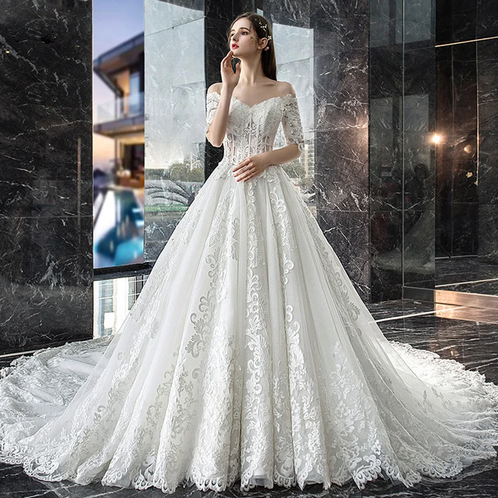 

Robe De Mariee Princesse Half Sleeve Tulle Wedding Dress Off the Shoulder Sukienka Na Wesele Sweetheart Neck Abito Da Sposa