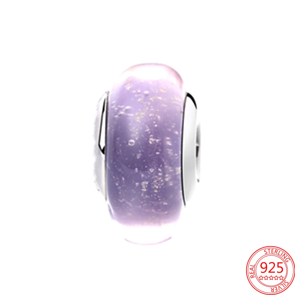 

New 925 Sterling Silver for Women Jewelry Starry Sky Purple Colored Glaze Beads Charm Pendant Original Fit Pandora Bangles Gift