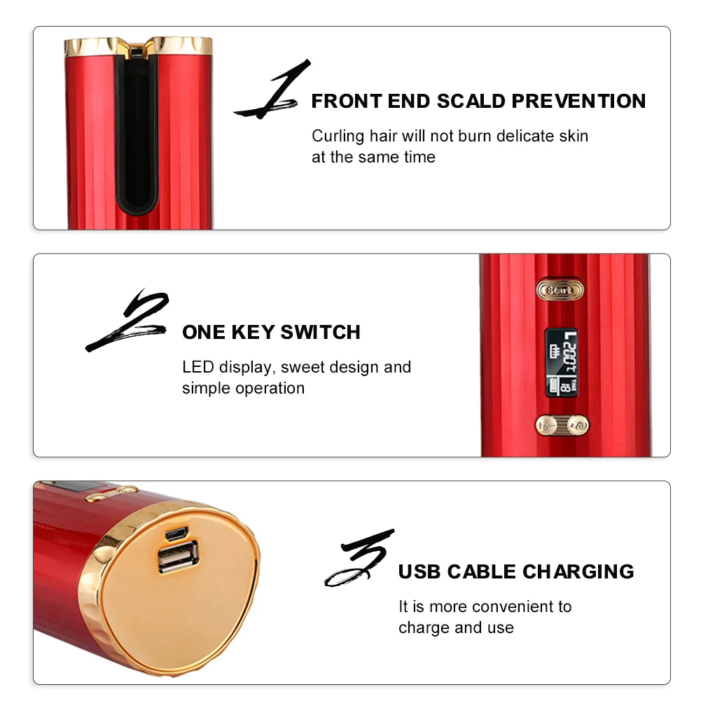 USB Rechargeable Curling Iron Curls Waves LCD Display Cordless Automatic Hair Curler Ceramic Curly Rotating Curling Wave Styer
USB Rechargeable Curling Iron Curls Waves LCD Display Cordless Automatic Hair Curler Ceramic Curly Rotating Curling Wave Styer