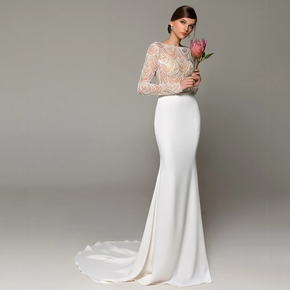 Simple Scoop Full Sleeve Wedding Dresses with Jersey Sheath White Floor-Length Beading Backless Court Train Bridal Gowns Summer
Simple Scoop Full Sleeve Wedding Dresses with Jersey Sheath White Floor-Length Beading Backless Court Train Bridal Gowns Summer