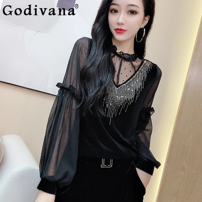 Women's Mesh Rhinestone Stitching Bottoming Shirt Women's 2021 Autumn New Lantern Sleeve Top Female Half Turtleneck Slim T-shirt
Women's Mesh Rhinestone Stitching Bottoming Shirt Women's 2021 Autumn New Lantern Sleeve Top Female Half Turtleneck Slim T-shirt