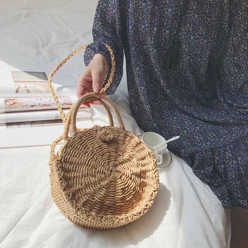 

Круглые плетеные женские сумки через плечо из ротанга ручной работы, круглая пляжная дорожная мини-сумка из соломы, вязаный мессенджер для девушек, кошелек