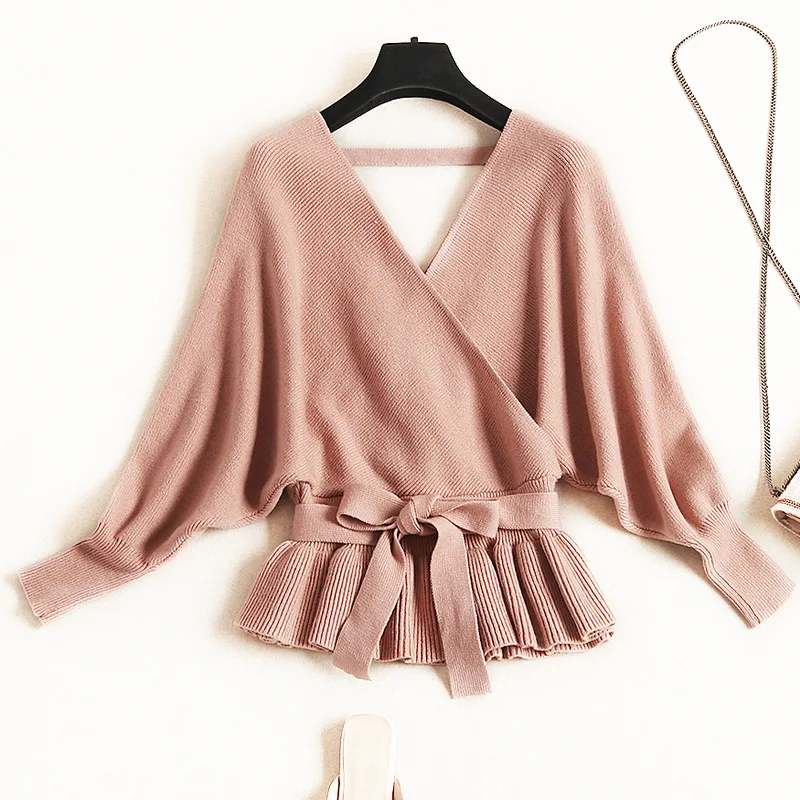 2020 Korean Autumn Fashion V Neck Bat Sleeve Stitching Ruffles Lacing Belt Bow Knitted Pink Women Sweater Pullovers
2020 Korean Autumn Fashion V Neck Bat Sleeve Stitching Ruffles Lacing Belt Bow Knitted Pink Women Sweater Pullovers