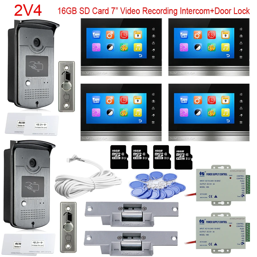 For 2 Doors Gate Intercom Rfid 16GB SD Card Video Recording 7" Indoor Monitor Wired Video Intercom + Electric Door Lock Full Kit
For 2 Doors Gate Intercom Rfid 16GB SD Card Video Recording 7" Indoor Monitor Wired Video Intercom + Electric Door Lock Full Kit