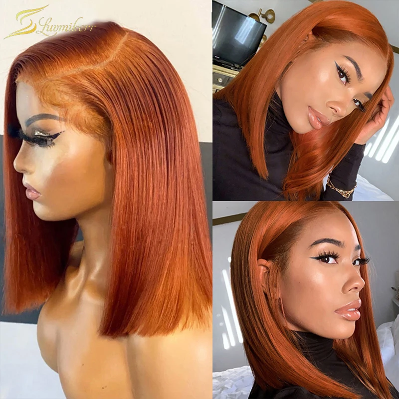 

Ginger Orange Colored 13x4 Lace Frontal Wig Short Straight Bob Cut Lace Front Human Hair Wigs Preplucked Natural Brazilian Pixie
