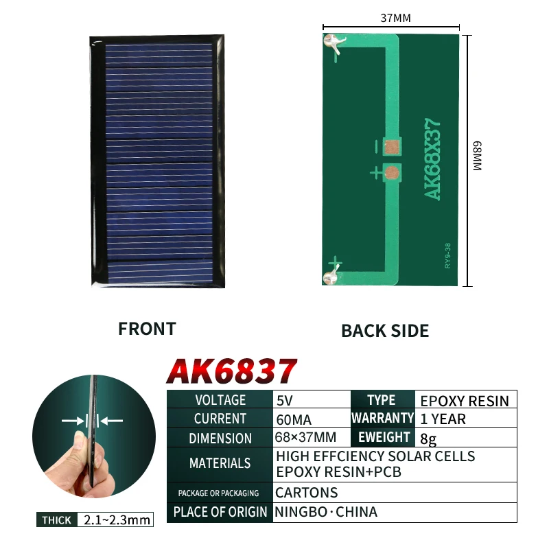 300 шт., 5 В, 60 мА, 68*37 мм, солнечные панели
300 шт., 5 В, 60 мА, 68*37 мм, солнечные панели