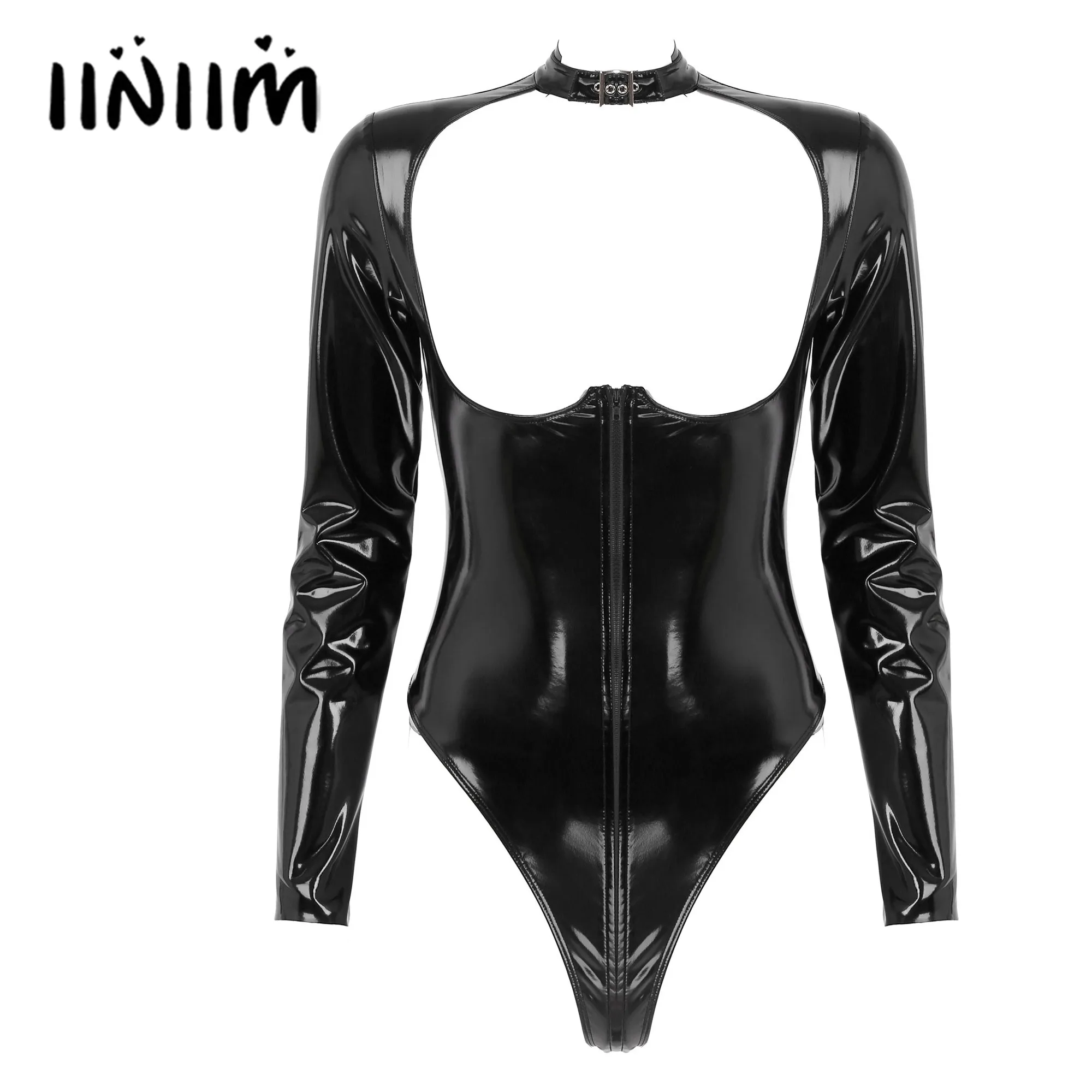 

Womens Lingerie Zipper Open Breast Bodysuit High Cut Leotard Wet Look Catsuit Patent Leather Erotic Sexy Long Sleeve Clubwear