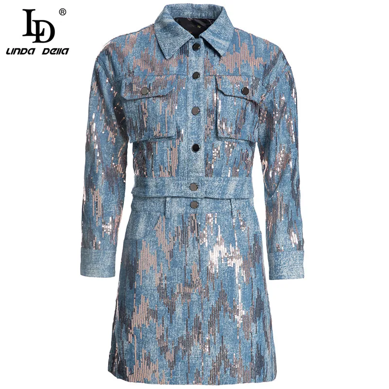 LD LINDA DELLA Fashion Designer Winter Blue Denim Skirt Suits Women Long Sleeve Jackets+Printed Sequined Two Piece Skirt Sets
LD LINDA DELLA Fashion Designer Winter Blue Denim Skirt Suits Women Long Sleeve Jackets+Printed Sequined Two Piece Skirt Sets