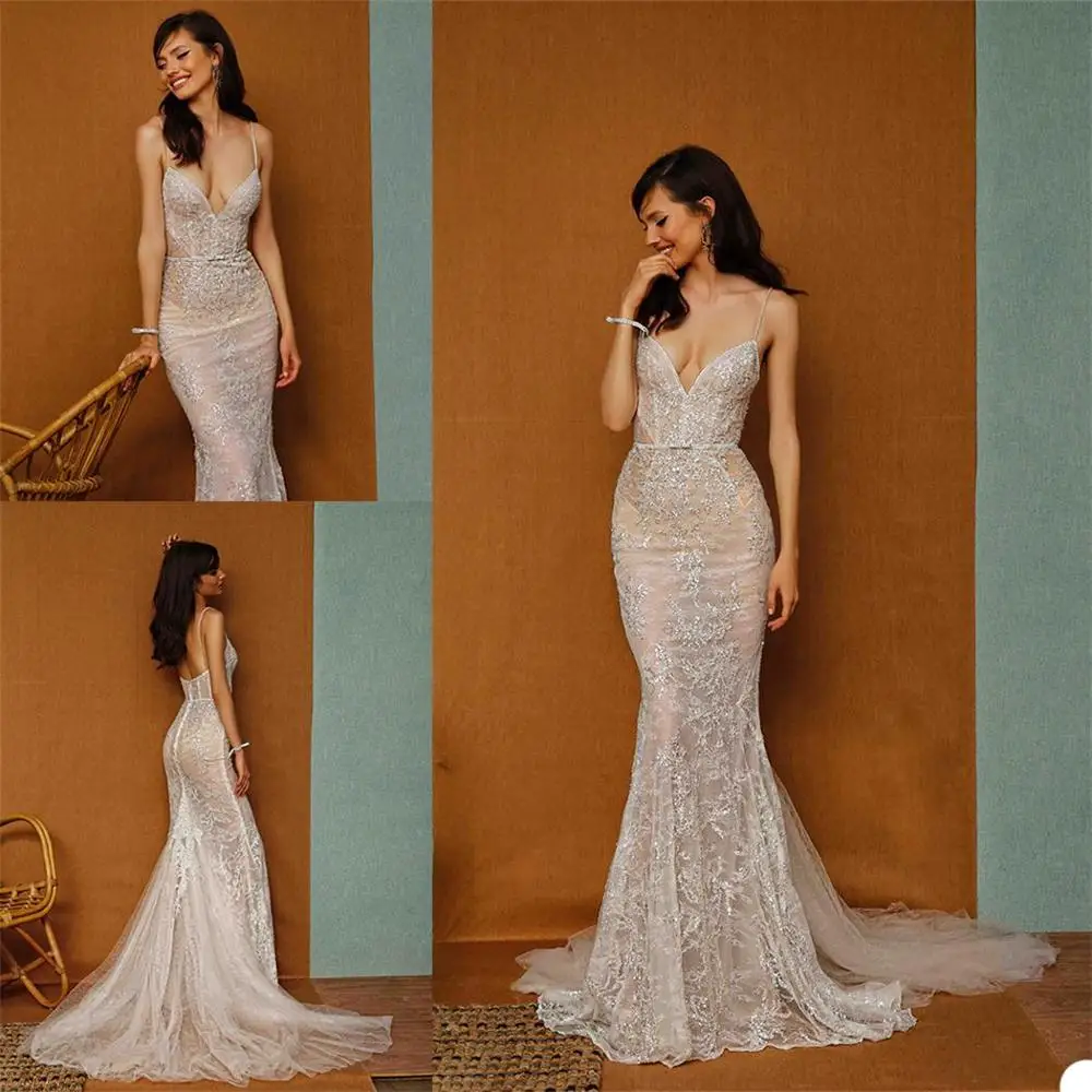 Berta Mermaid Wedding Dresses Spaghetti Lace Applique Beaded Sequins Bridal Gowns Illusion Sweep Train Custom Made Backless Robe
Berta Mermaid Wedding Dresses Spaghetti Lace Applique Beaded Sequins Bridal Gowns Illusion Sweep Train Custom Made Backless Robe