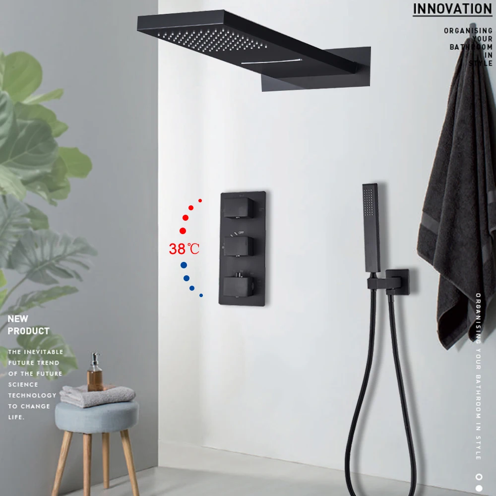 Black Thermostatic Shower Faucets Set Rain Waterfall Shower Head With 3-way Thermostatic Mixer Tap Bath Shower Faucet
Black Thermostatic Shower Faucets Set Rain Waterfall Shower Head With 3-way Thermostatic Mixer Tap Bath Shower Faucet