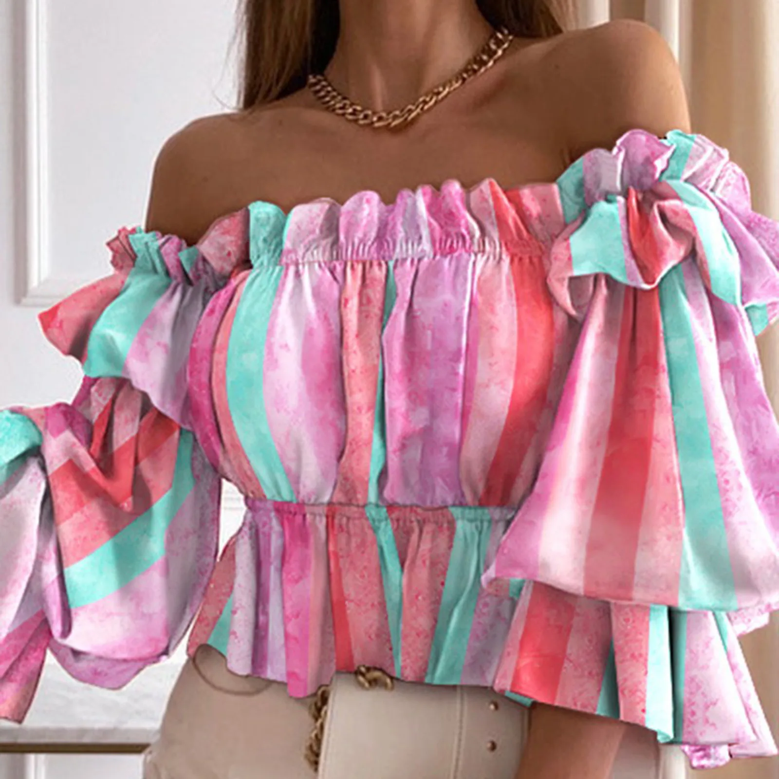 2021 Ladies Summer T-shirt Fashion Casual Sexy One Shoulder Three-quarter Sleeve Printed Chiffon Pleated Top Women's T-shirt
2021 Ladies Summer T-shirt Fashion Casual Sexy One Shoulder Three-quarter Sleeve Printed Chiffon Pleated Top Women's T-shirt