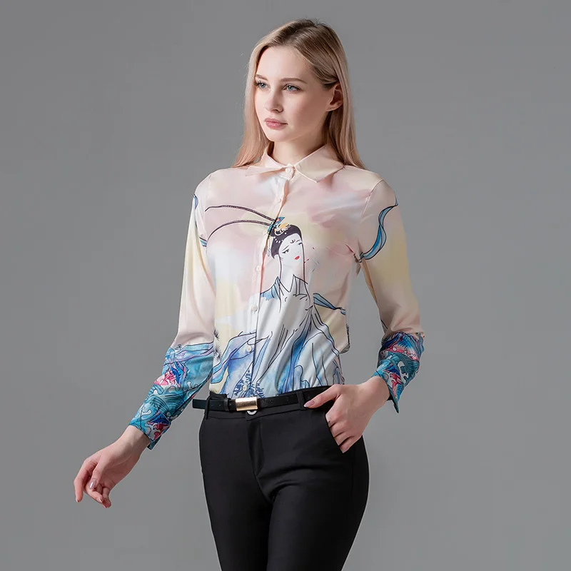 Silk Women's Blouse Loose Polo Girl's Shirt Summer Fashion Print Casual Long Sleeve Top Chiffon Lady Blusas Button Houthion
Silk Women's Blouse Loose Polo Girl's Shirt Summer Fashion Print Casual Long Sleeve Top Chiffon Lady Blusas Button Houthion