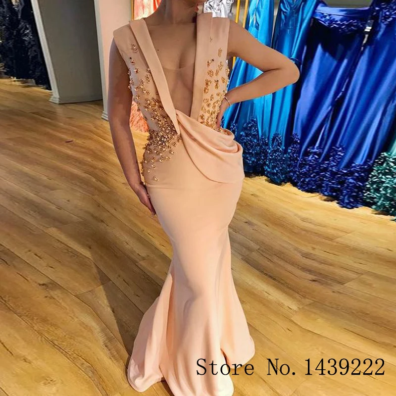 

Champagne Satin V Neck Pearls Evening Dresses Prom Sheath Vestidos De Fiesta De Noche Robe De Soiree Floor Length Plus Size