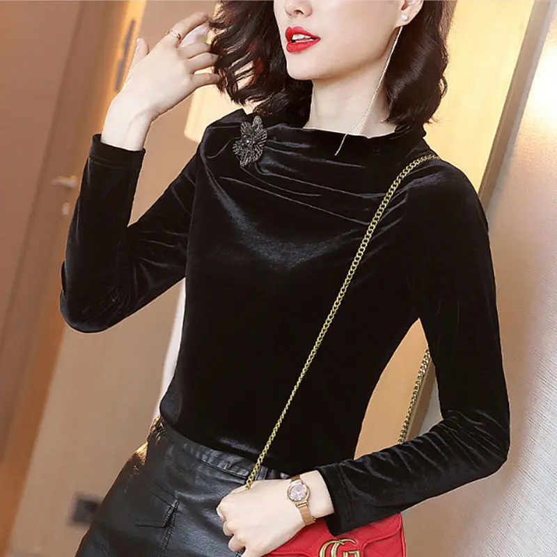2021 velvet top women's 2021 spring and autumn new flower stand collar black bottomed shirt slim long sleeve T-shirt fashion
2021 velvet top women's 2021 spring and autumn new flower stand collar black bottomed shirt slim long sleeve T-shirt fashion