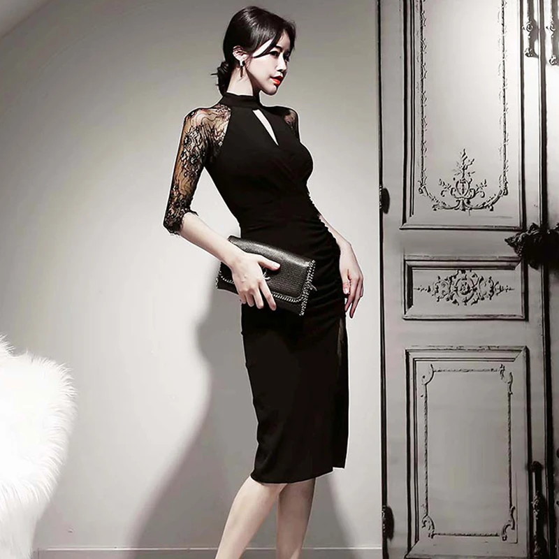 Black Women Mini Splicing Lace Solid Autumn Half High Collar Lace Stitched Dress Women's Sexy Split fork Dress 952E
Black Women Mini Splicing Lace Solid Autumn Half High Collar Lace Stitched Dress Women's Sexy Split fork Dress 952E