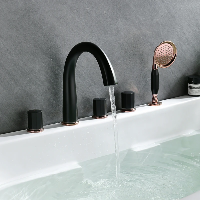 

Bathtub Faucets 5 Pcs Spout Tub Sink Mixer Taps Rose Gold & Black Brass Hot and Cold Bathroom Shower Faucet With Handshower Taps
