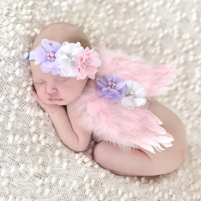 

Крылья и повязка на голову для новорожденного ребенка, цветочный костюм, реквизит для фотосъемки, наряды, комплект с крыльями ангела, перьям...