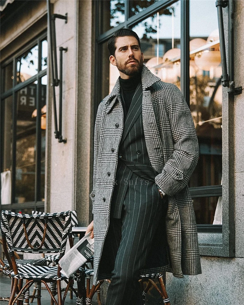 

2023 Designer Woolen Coat Men's Casual Fashion Winter Overcoat Wool Jacket Korean Houndstooth Gentleman Wedding Tuxedos