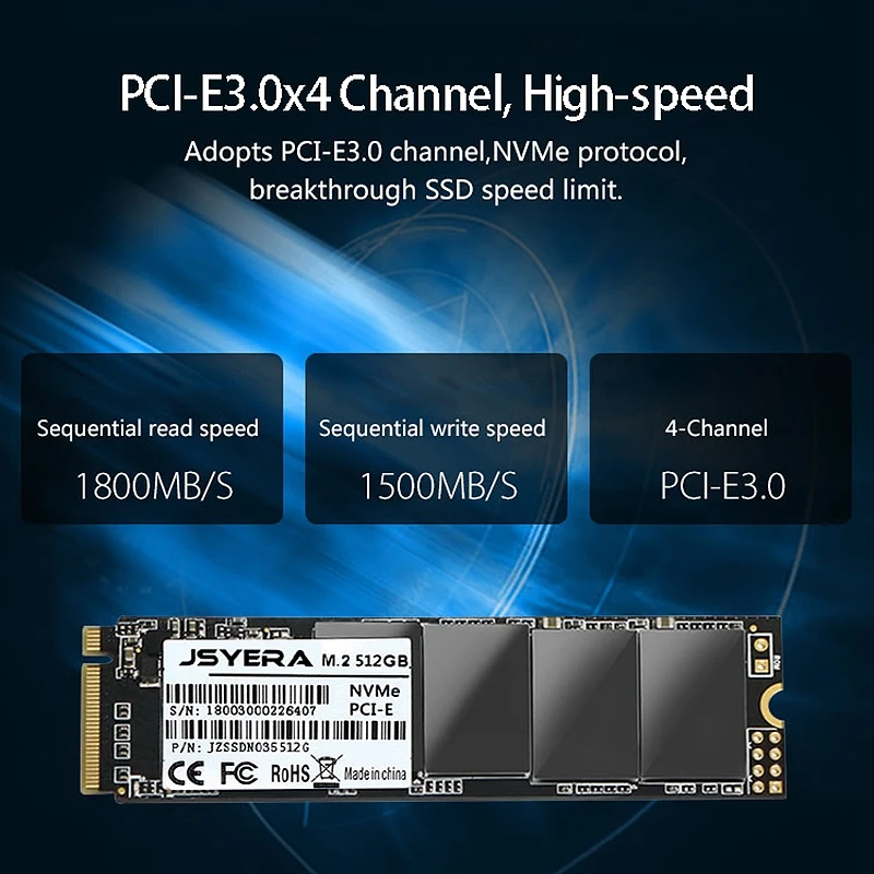 JSYERA 512GB M.2 PCI-E SSD 2280 NVMe Protocol PCIe 3.0 Solid State Drive, Suitable for Desktop / Laptop
JSYERA 512GB M.2 PCI-E SSD 2280 NVMe Protocol PCIe 3.0 Solid State Drive, Suitable for Desktop / Laptop