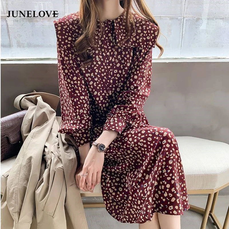 JuneLove 2020 весны женщин элегантного шифон печатной миди платье леди длинный рукав