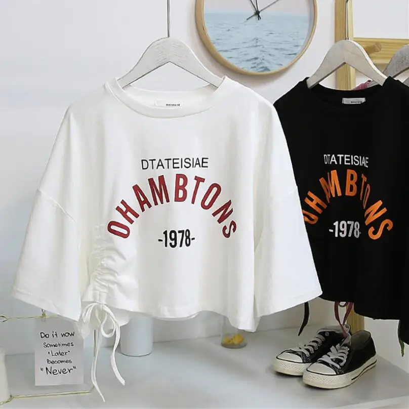 Fashion Print Drawstring Short Top Bottoming Shirt Female Design Temperament Women Short-sleeved Female T-shirt Women Clothing
Fashion Print Drawstring Short Top Bottoming Shirt Female Design Temperament Women Short-sleeved Female T-shirt Women Clothing