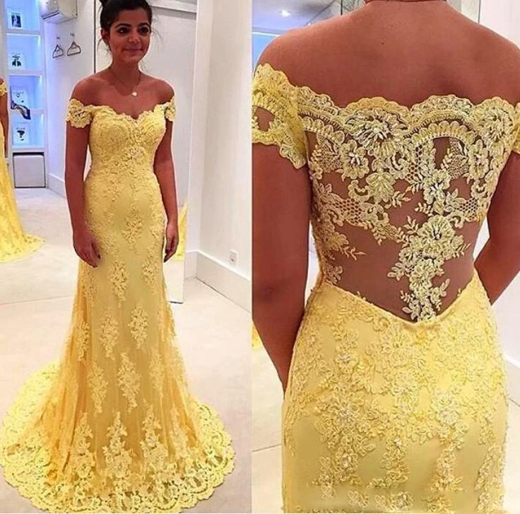 Yellow Evening Gowns Lace Appliques Mermaid Off the Shoulder Yellow Mermaid Lace Sheer Back Evening Dresses Arabic 
Yellow Evening Gowns Lace Appliques Mermaid Off the Shoulder Yellow Mermaid Lace Sheer Back Evening Dresses Arabic