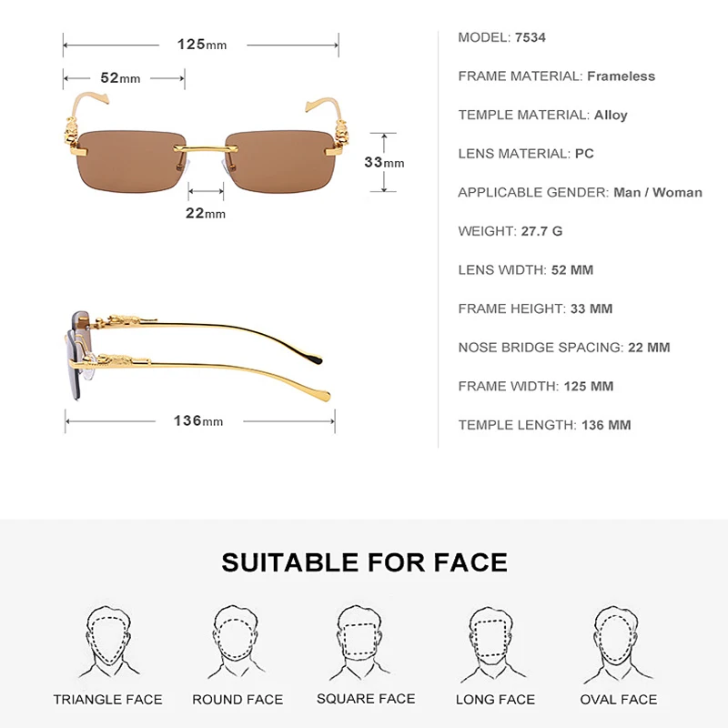 Fashion Small Square Sunglasses Men Leopard Head Frameless Sunglasses Women Retro Metal Mirror Classic Retro Sunglasses
Fashion Small Square Sunglasses Men Leopard Head Frameless Sunglasses Women Retro Metal Mirror Classic Retro Sunglasses