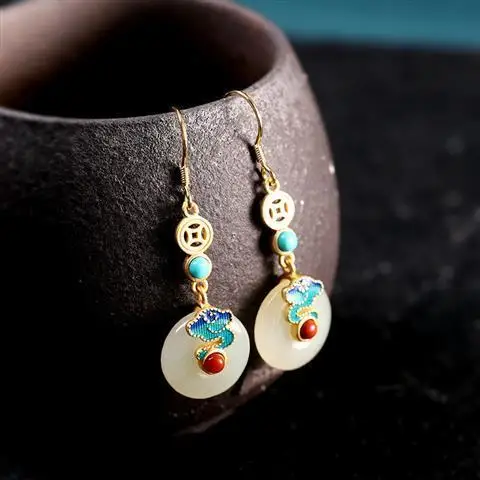 S925 Sterling Silver Gilding Burnt Blue Antique Earrings Xiangyun Hetian Jade Ruyi Chinese Style Peace Buckle Pendant Ring 
S925 Sterling Silver Gilding Burnt Blue Antique Earrings Xiangyun Hetian Jade Ruyi Chinese Style Peace Buckle Pendant Ring