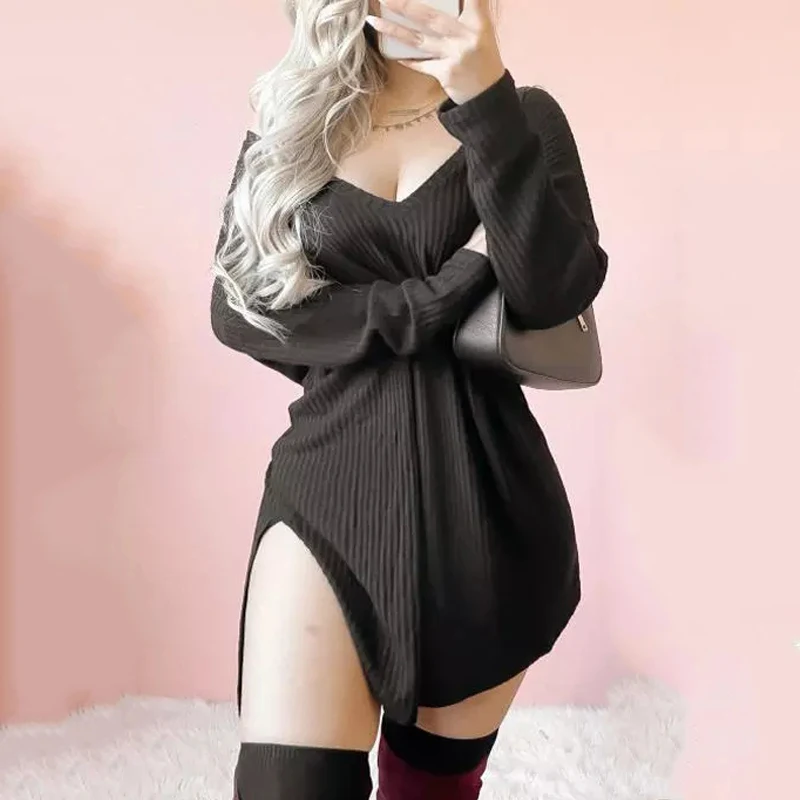 2022 New Spring Autumn Sexy Solid Black Split V-neck Dress Long-sleeved Women's Casual Fashion Mini Dress Lady Clothing Winter
2022 New Spring Autumn Sexy Solid Black Split V-neck Dress Long-sleeved Women's Casual Fashion Mini Dress Lady Clothing Winter