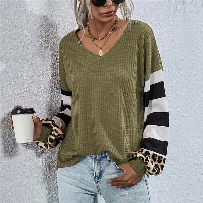 Autumn Stripe T Shirt Women Leopard Patchwork Casual V Neck Long Sleeves Pullover Streetwear Ladies Loose T Shirt
Autumn Stripe T Shirt Women Leopard Patchwork Casual V Neck Long Sleeves Pullover Streetwear Ladies Loose T Shirt