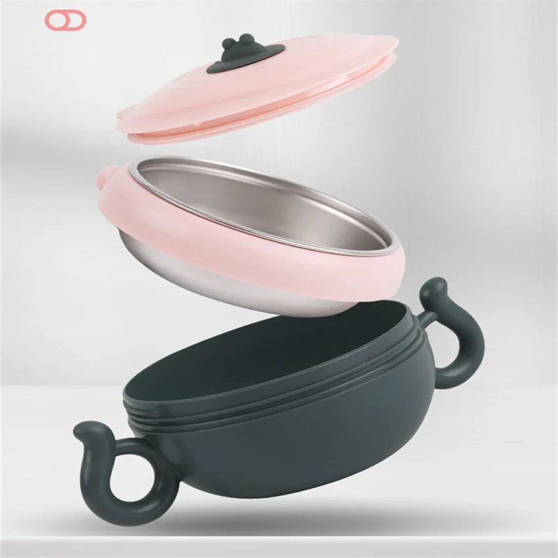 2021 Newest Baby Food Supplement Tableware Anti-Fall and Anti-Hot Bowl Cover Stainless Steel Suction Cup