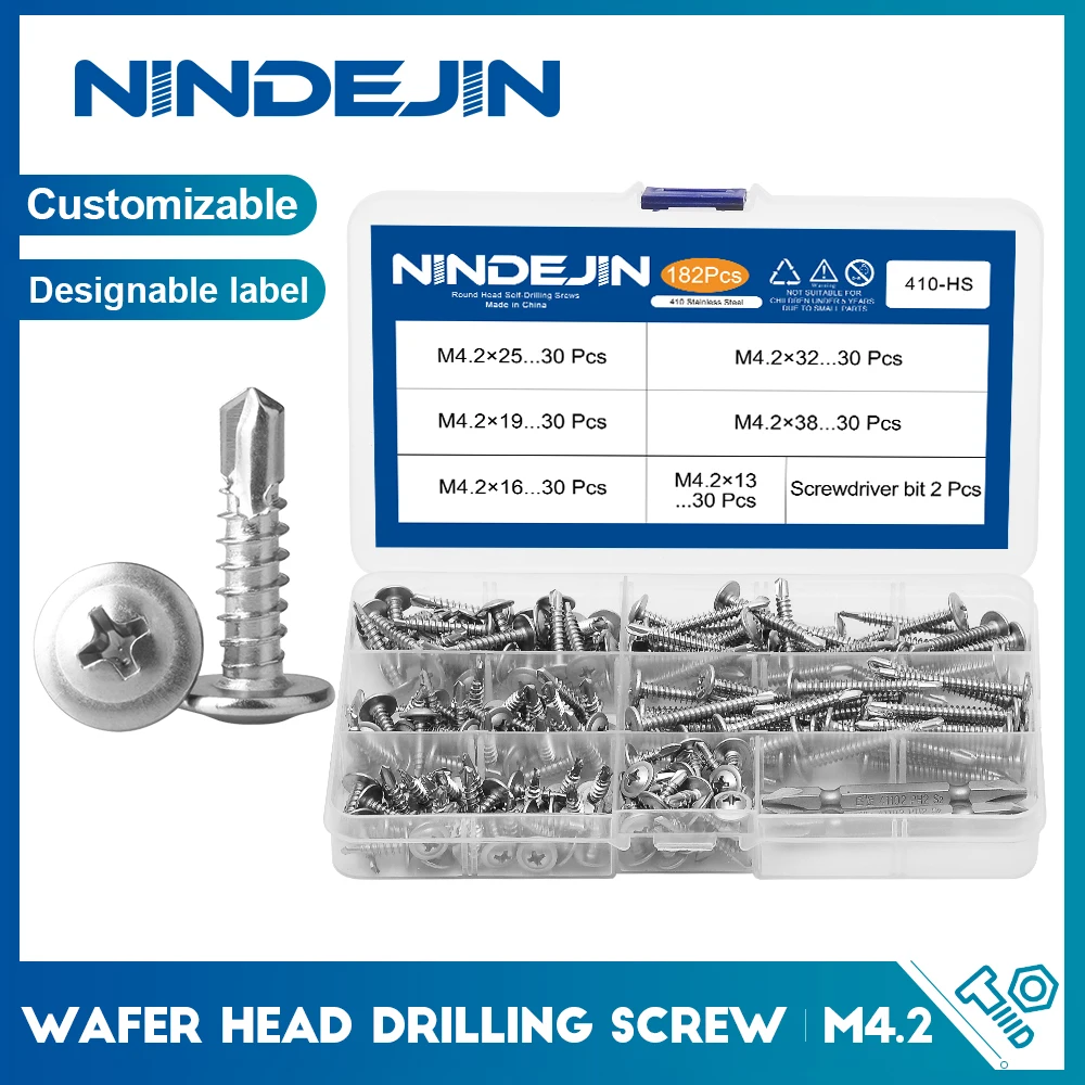182pcs Phillips Flat Head Self Drilling Tapping Screw Kit 410 Stainless Steel M4.2 Washer Head Drilling Screw with Screwdriver
182pcs Phillips Flat Head Self Drilling Tapping Screw Kit 410 Stainless Steel M4.2 Washer Head Drilling Screw with Screwdriver
