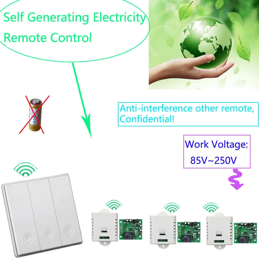 Starting Self Generating Electricity Wireless Remote Control Switch 85V~250V 110 Relay 3 Modules Remote Control Need't Battery
Starting Self Generating Electricity Wireless Remote Control Switch 85V~250V 110 Relay 3 Modules Remote Control Need't Battery